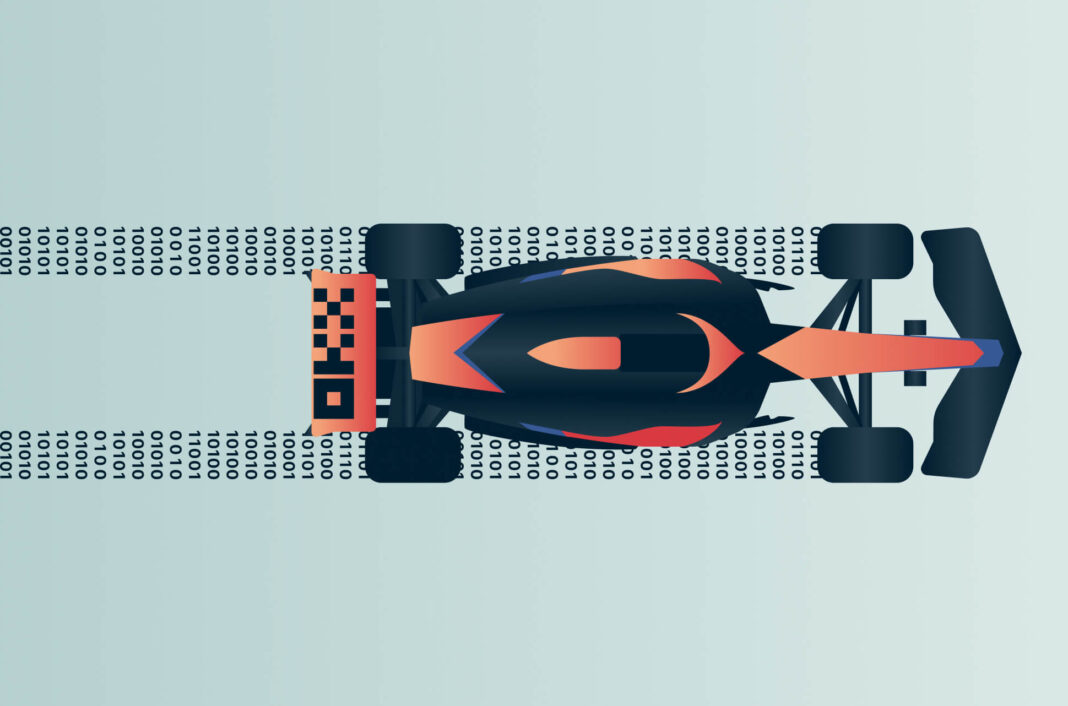 Picture of a McLaren Formula One car on top of digital code