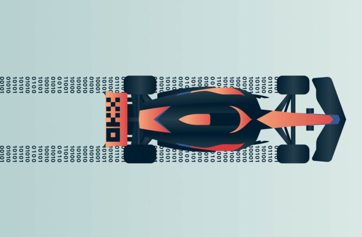 Picture of a McLaren Formula One car on top of digital code