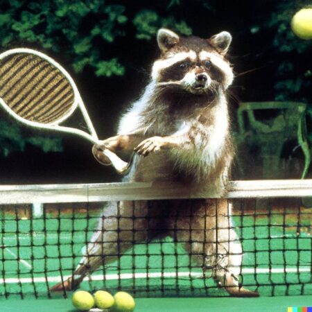 Raccoon playing tennis AI art.