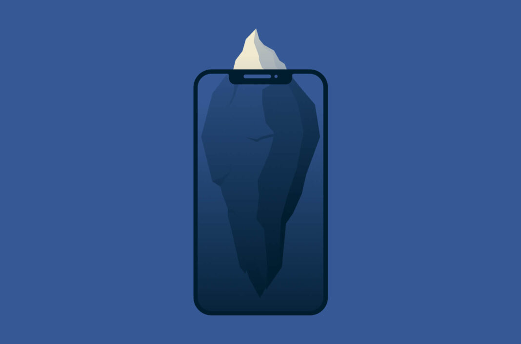 Darstellung eines Eisbergs auf einem Smartphone-Bildschirm, die Eisbergspitze ragt über den Bildschirm hinaus.