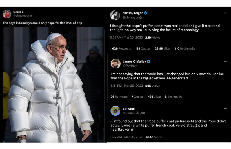 Nepfoto's van paus Franciscus in een grote witte donsjas, gemaakt met een AI-beeldgenerator, hebben gebruikers online voor de gek gehouden.