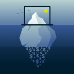 Eisberg, dessen Spitze oberhalb des Meeresspiegels liegt, eingebettet in einen Bildschirm. Unterhalb besteht der Körper sinnbildlich aus Daten in Form von Währungszeichen.