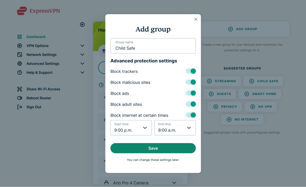 Screenshot of Aircove UI showing a Child Safe group