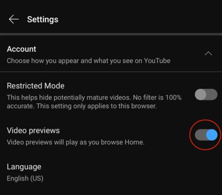 YouTube Restricted Mode toggle mobile.