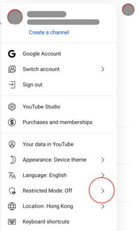 YouTube Restricted Mode toggle screenshot.