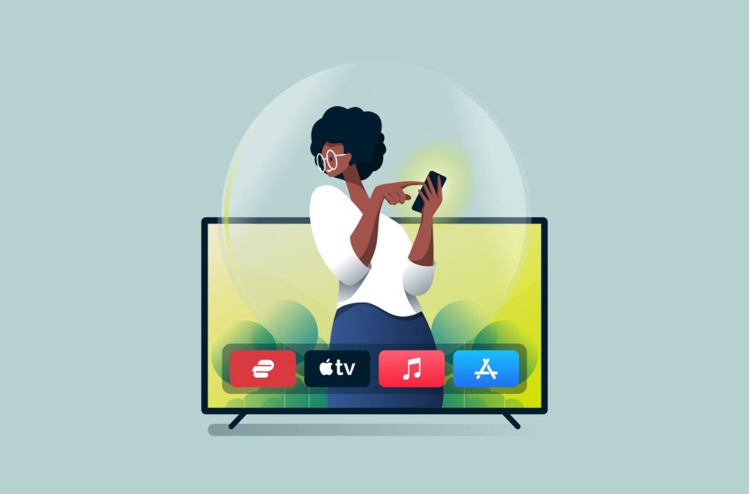 Frau in einem Bildschirm benutzt ExpressVPN für Apple TV