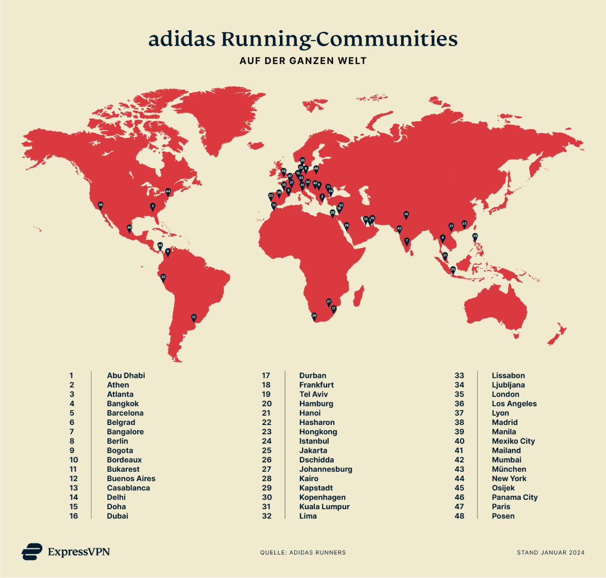 Weltkarte der adidas-Running-Communities