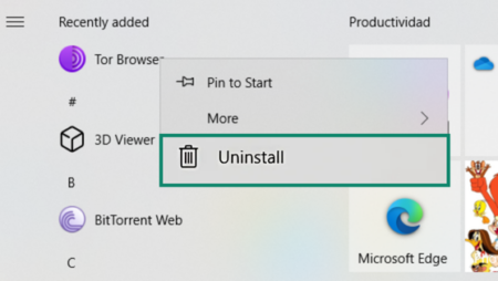 Right-click menu on Windows with the “Uninstall” option selected for Tor Browser.