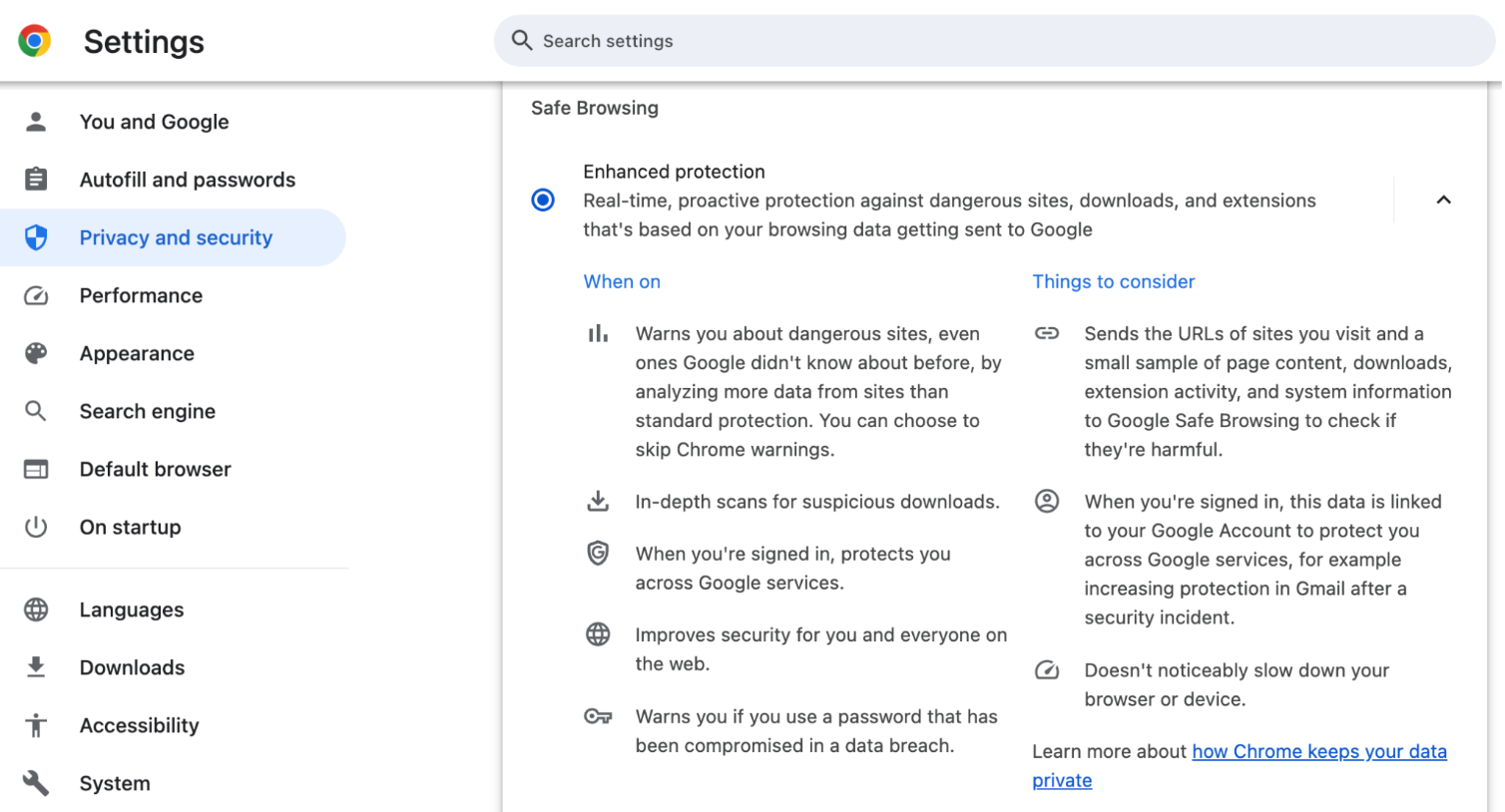  Screenshot of how to activate Enhanced Protection mode using Google Chrome