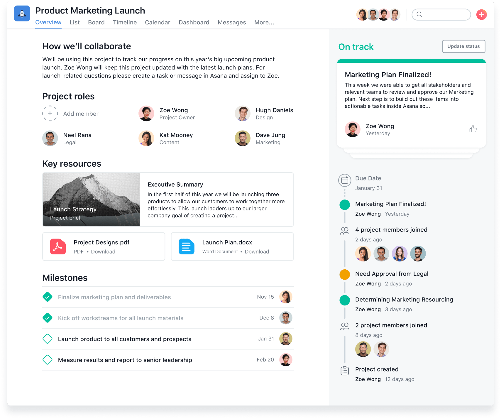 Asana project overview.