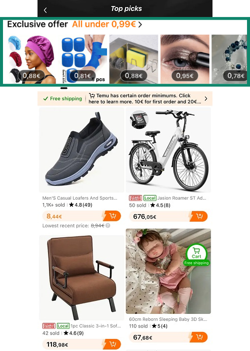 Temu app display showing products priced under 1 euro in the exclusive offer section.