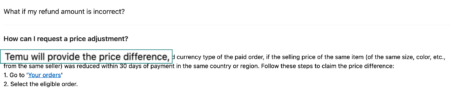 Temu customer support section explaining how to request a price adjustment, with the phrase "Temu will provide the price difference" highlighted for emphasis.