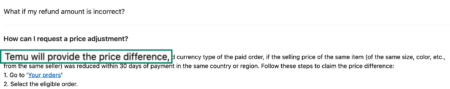Temu customer support section explaining how to request a price adjustment, with the phrase "Temu will provide the price difference" highlighted for emphasis.
