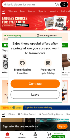 Temu app pop-up offering free shipping and returns to discourage users from leaving
