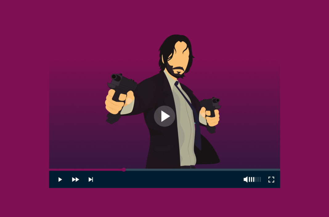 A stylized action movie hero on a video player