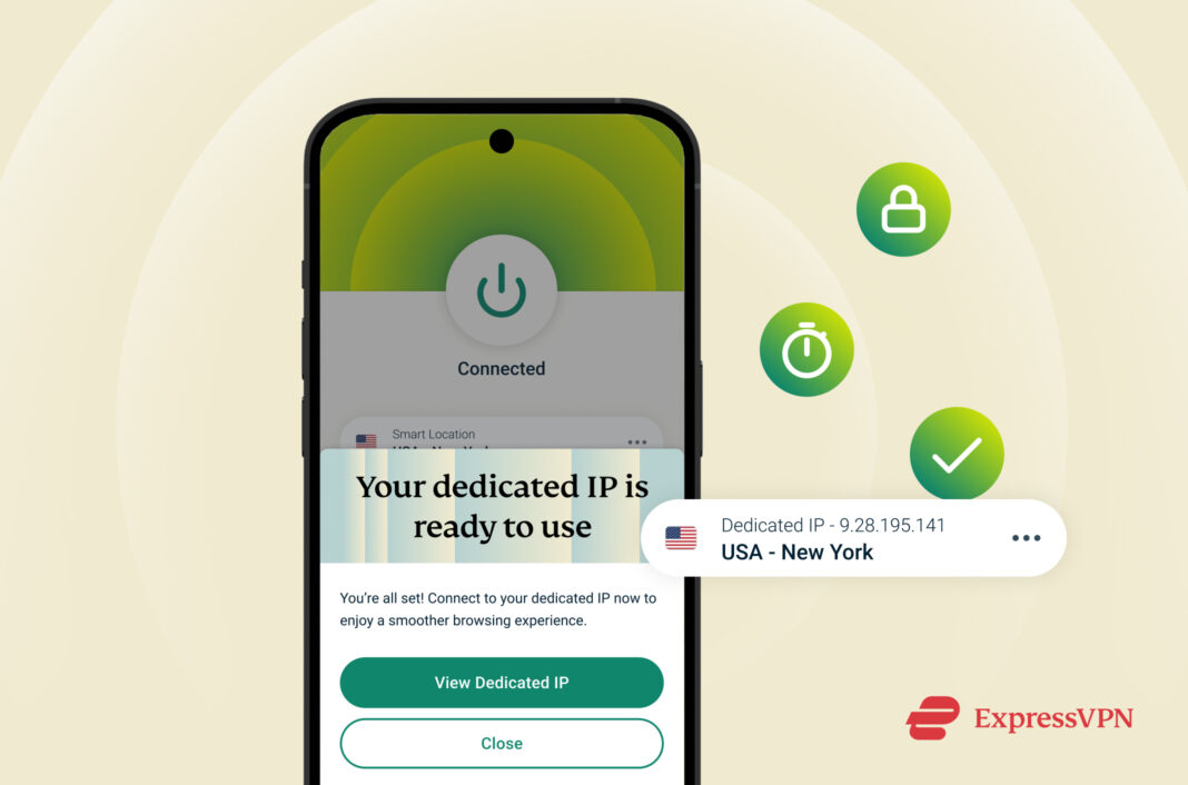 Phone showing ExpressVPN's dedicated IP UI