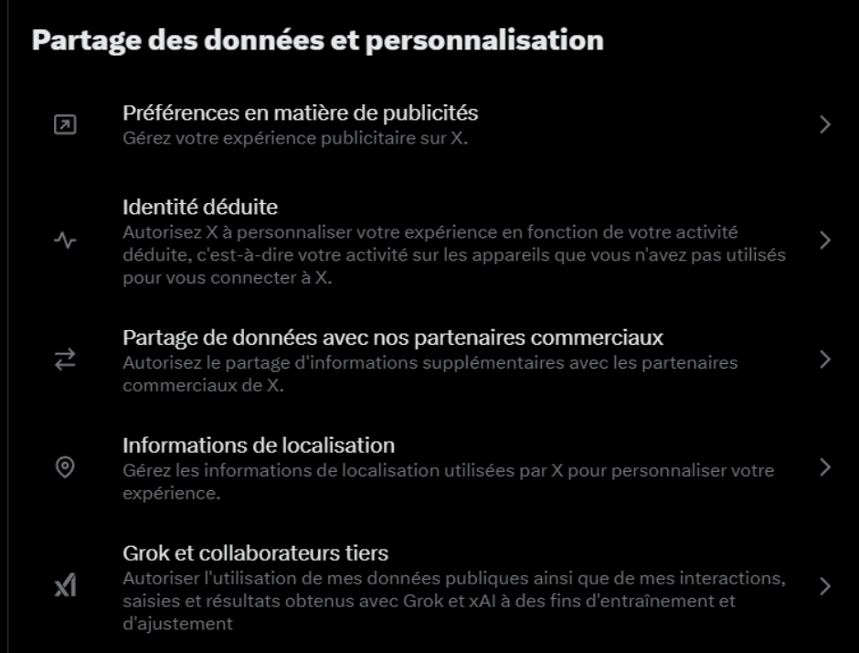 options de partage de données sur Twitter