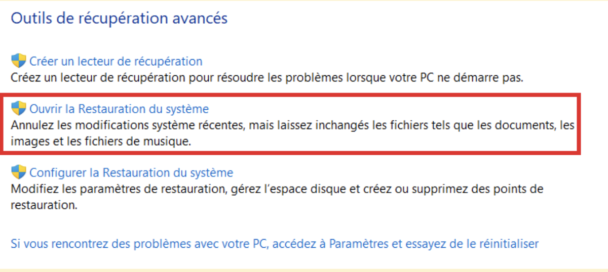 outil de restauration systeme Windows