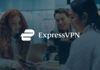 ExpressVPN white logo over background stock image of Gen Z students socializing