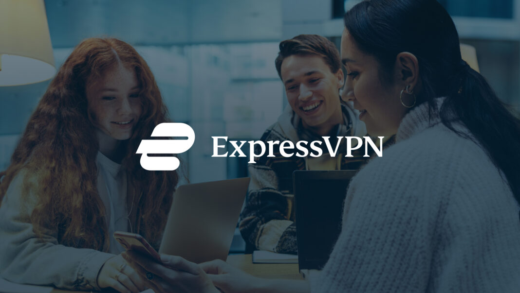 ExpressVPN white logo over background stock image of Gen Z students socializing