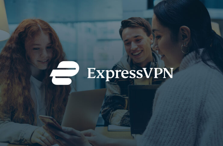 ExpressVPN white logo over background stock image of Gen Z students socializing