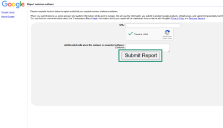 A visual guide detailing the required fields for reporting a website to Google Safe Browsing.