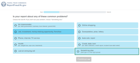 A visual guide detailing the required fields for reporting a website to FTC's ReportFraud service.