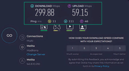 Speedtest results block showing speeds and ping with VPN off