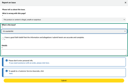 A visual guide detailing the required fields for reporting a website to Amazon.
