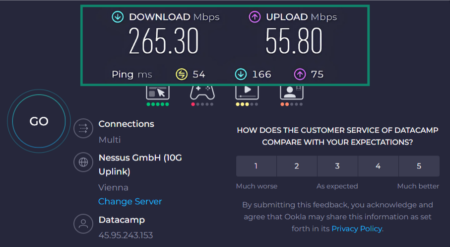 Speedtest results block showing speeds and ping with VPN on.
