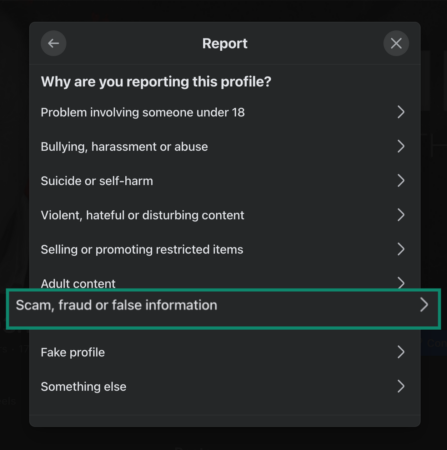 A visual guide showing how to report a website via Facebook's Brand Rights Protection feature.