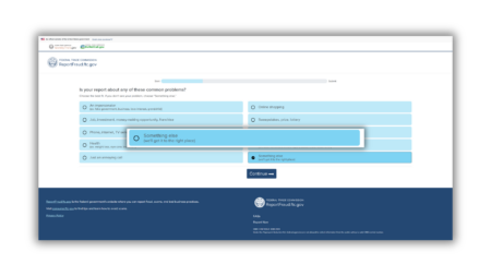 A visual guide detailing the required fields for reporting a website to FTC's ReportFraud service.
