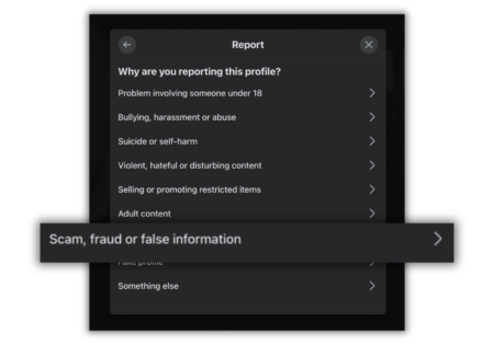 A visual guide showing how to report a website via Facebook's Brand Rights Protection feature.