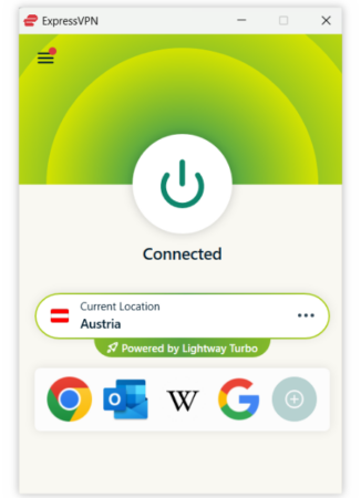 ExpressVPN connected panel, showing Connected status