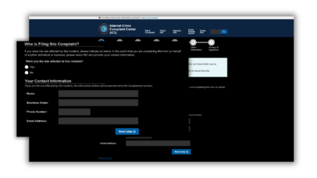 A visual guide detailing the required fields for reporting a website to the Internet Crime Complaint Center (IC3).