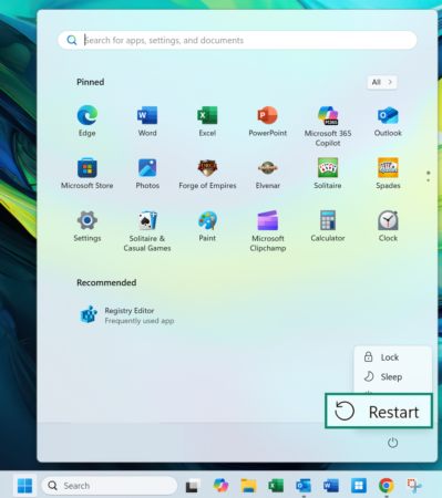 Screenshot showing the Start Menu open, with the Restart button selected.