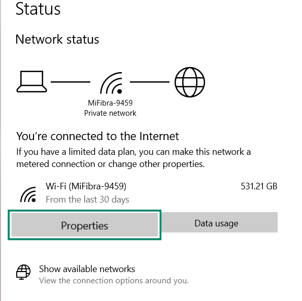 Screen showing Properties in Windows settings.
