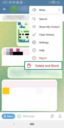 Phone screen showing Delete and Block option on Telegram.