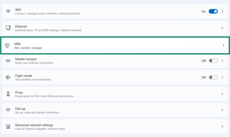 The Windows Network & internet settings, with the VPN option highlighted.