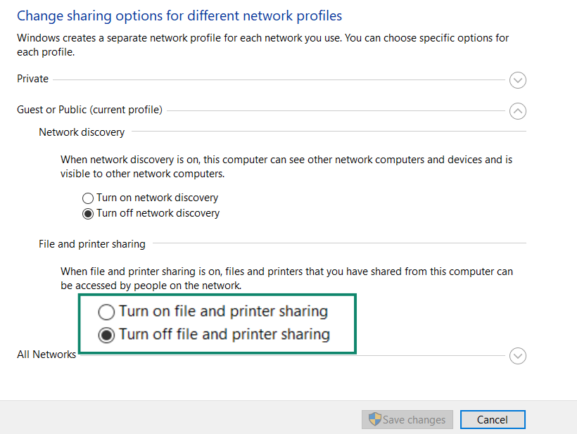 Screen showing how to turn off file and printer sharing in Windows.