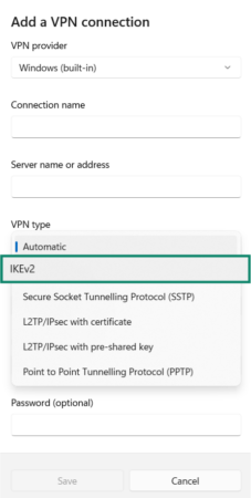 The VPN setup window on Windows, showing IKEv2 as a selectable protocol.