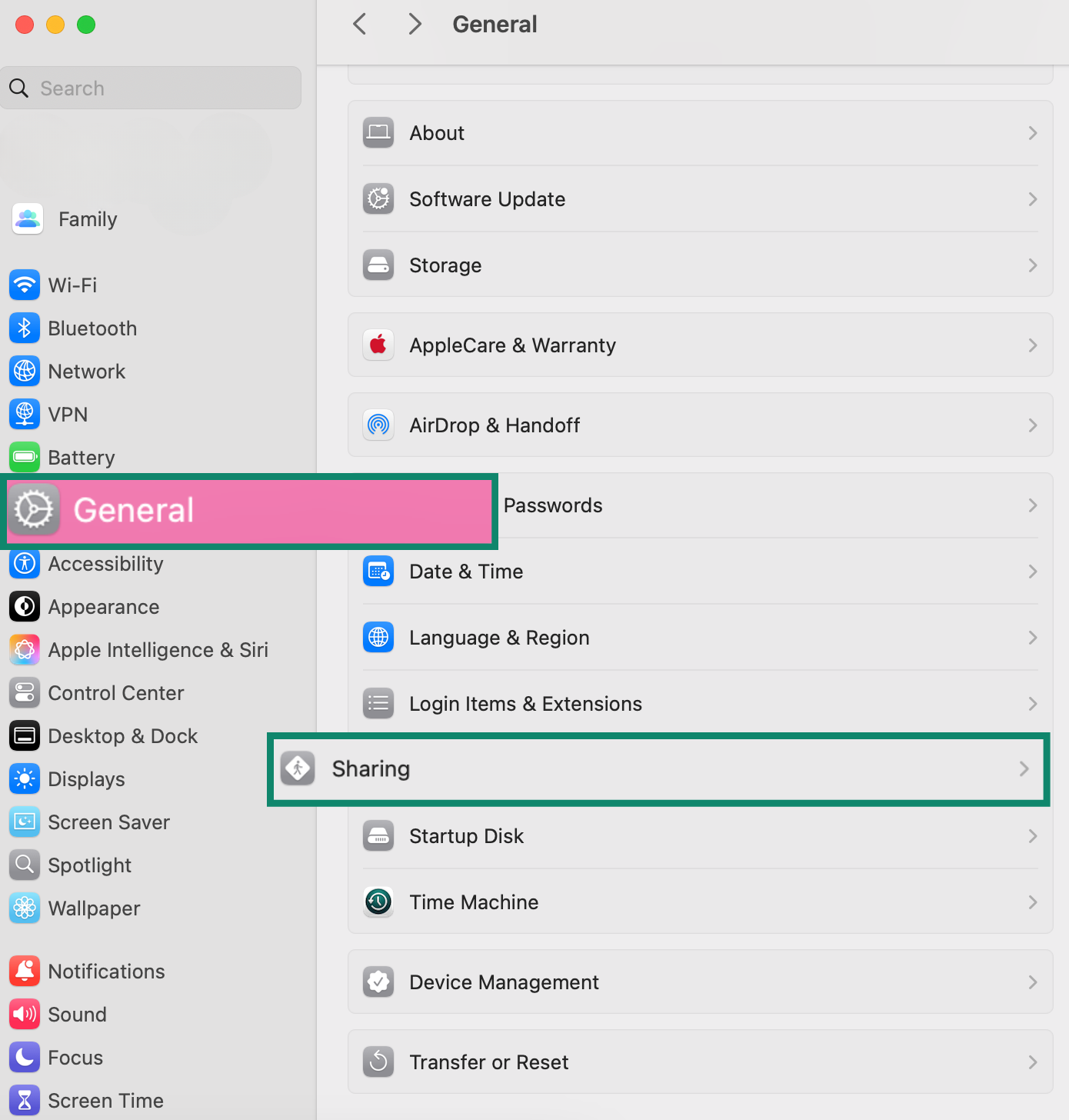 Mac system settings showing how to navigate to Sharing options under General to disable file sharing.