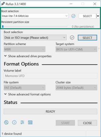 Rufus interface showing the select button with the Linux Lite ISO file visible.