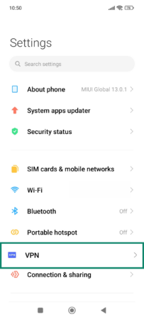 Android Settings page showing the VPN option