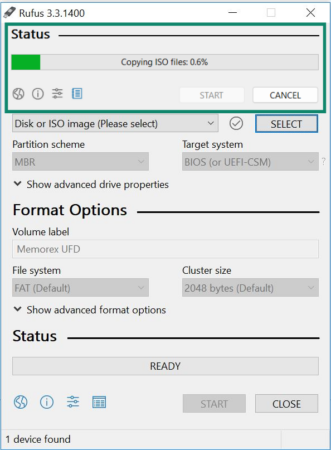 Rufus interface showing ISO file being downloaded.