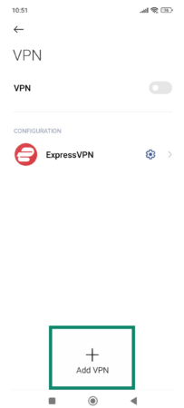 Android VPN settings with the Add VPN button highlighted