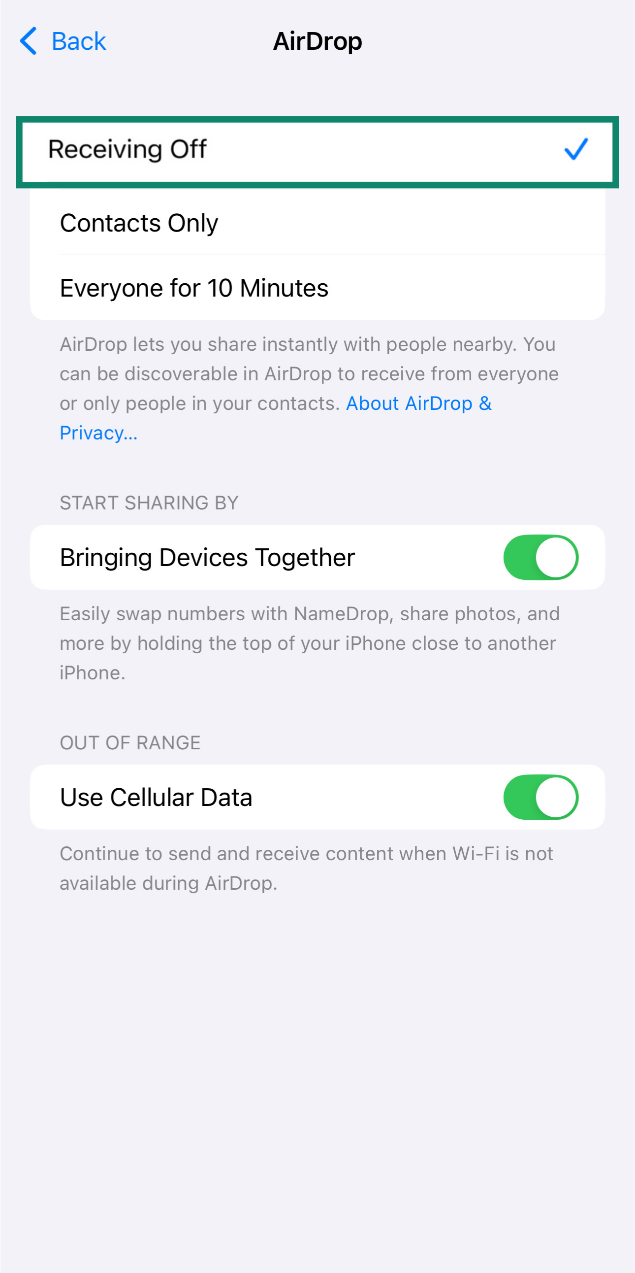 iOS screen showing Receiving off option.