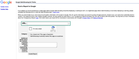 Google Safe Browsing page with URL field highlighted.