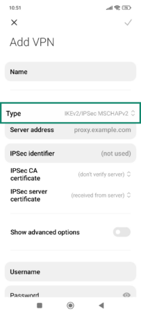 Android Add VPN options, with VPN protocol type highlighted