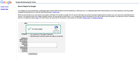 Google Safe Browsing page with I'm not a robot field highlighted.